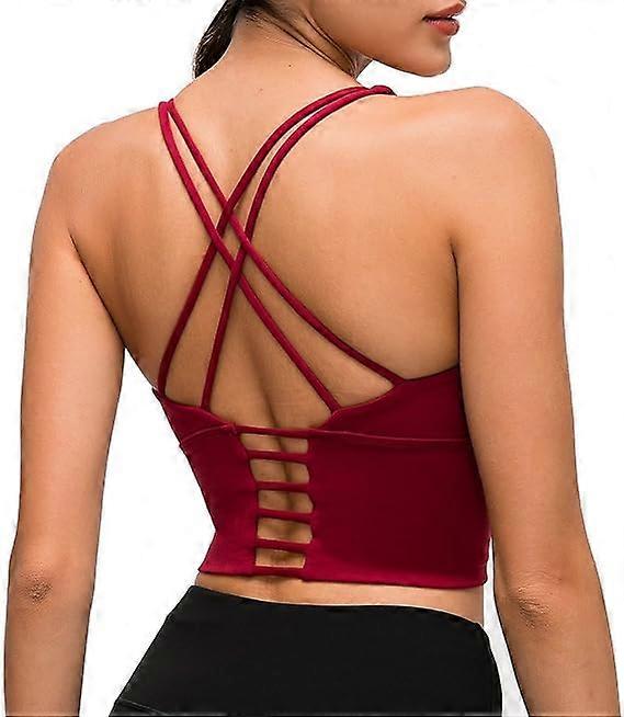 Women Padded Strappy Sports Bra Longline Workout Yoga Tank Top with Built in Shelf Bra-M Red In Saldo