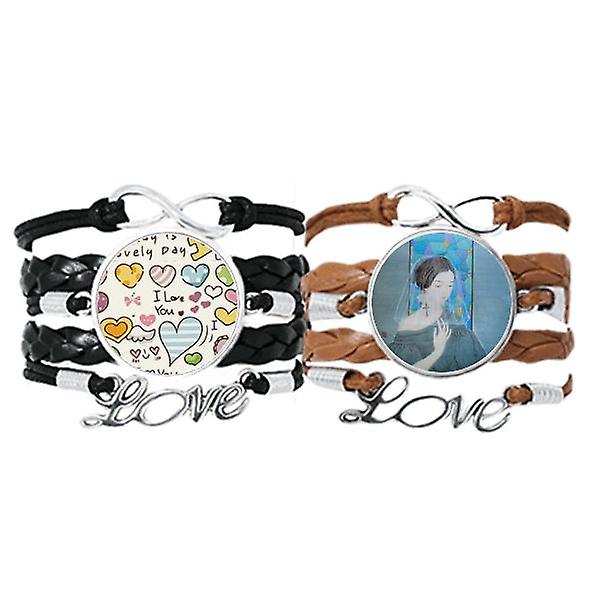 Blue Beauty White Yarn Chinese Painting Bracelet Hand Strap Leather Love Pattern Wristband Double Set Convenienza
