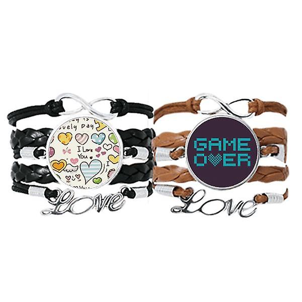 Blue Game Over Pixel Art Deco Fashion Bracelet Hand Strap Leather Love Pattern Wristband Double Set Vendita Economica