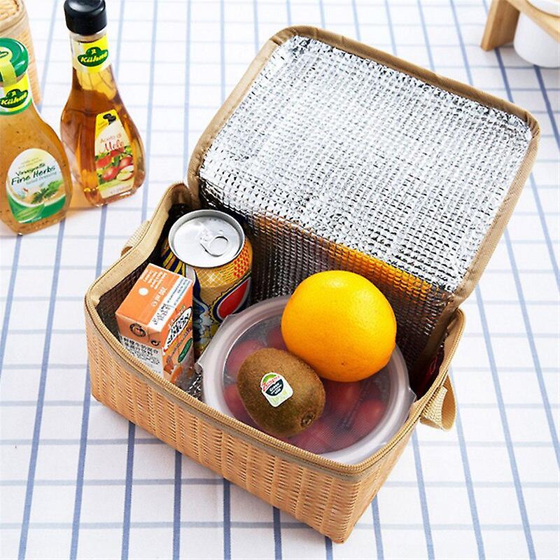 Outdoors Portable Camping Picnic Bags Imitation Rattan Picnic Bag Insulated Thermal Cooler Basket Lunch Storage Box 22*14*12CM Lunch Boxes & Totes In Linea
