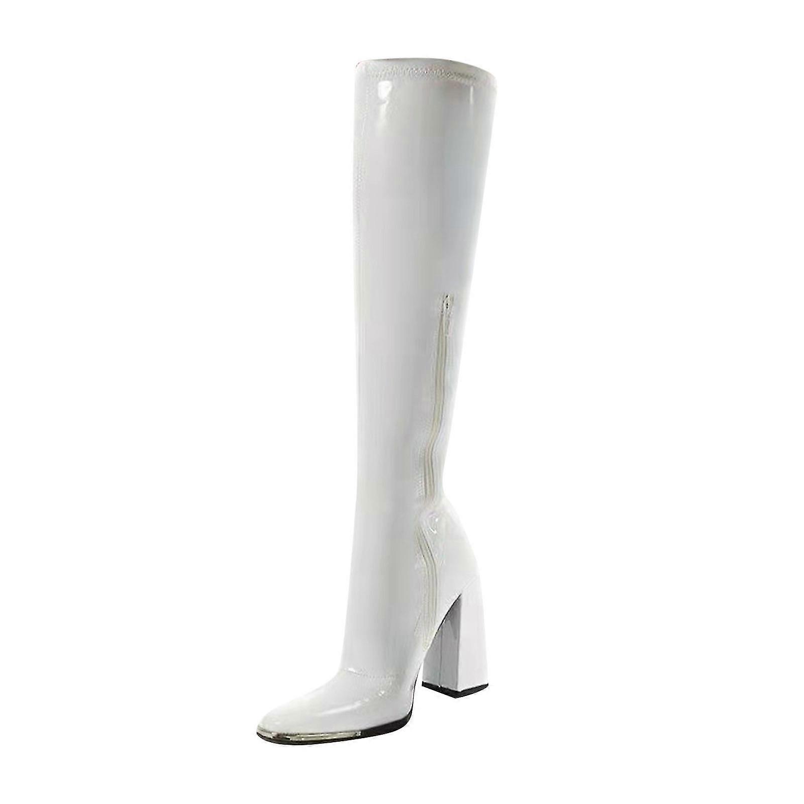 Woman's Head Thick Heel Bright Leather High Heel Boots Side Zipper Middle Boots