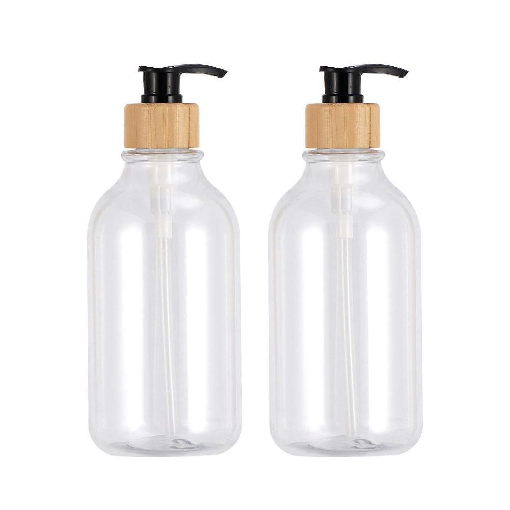 2Pcs 16 Oz Clear Soap Dispenser Set with Bamboo Pump Rust-proof Leak-free BPA-free Refillable Plastic Dispensing Bottles for Hand Sanitizer Lotion Dis