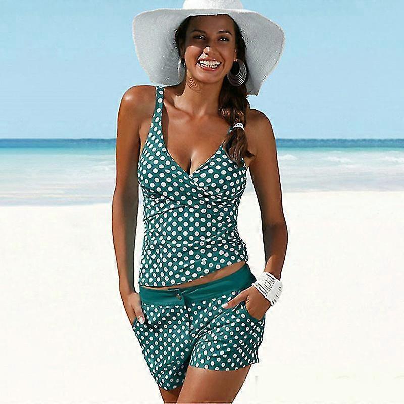 Women Push Up Tankini Set Polka Dot Swimming Costume Boy Shorts Swimwear Swimsuit Beachwear