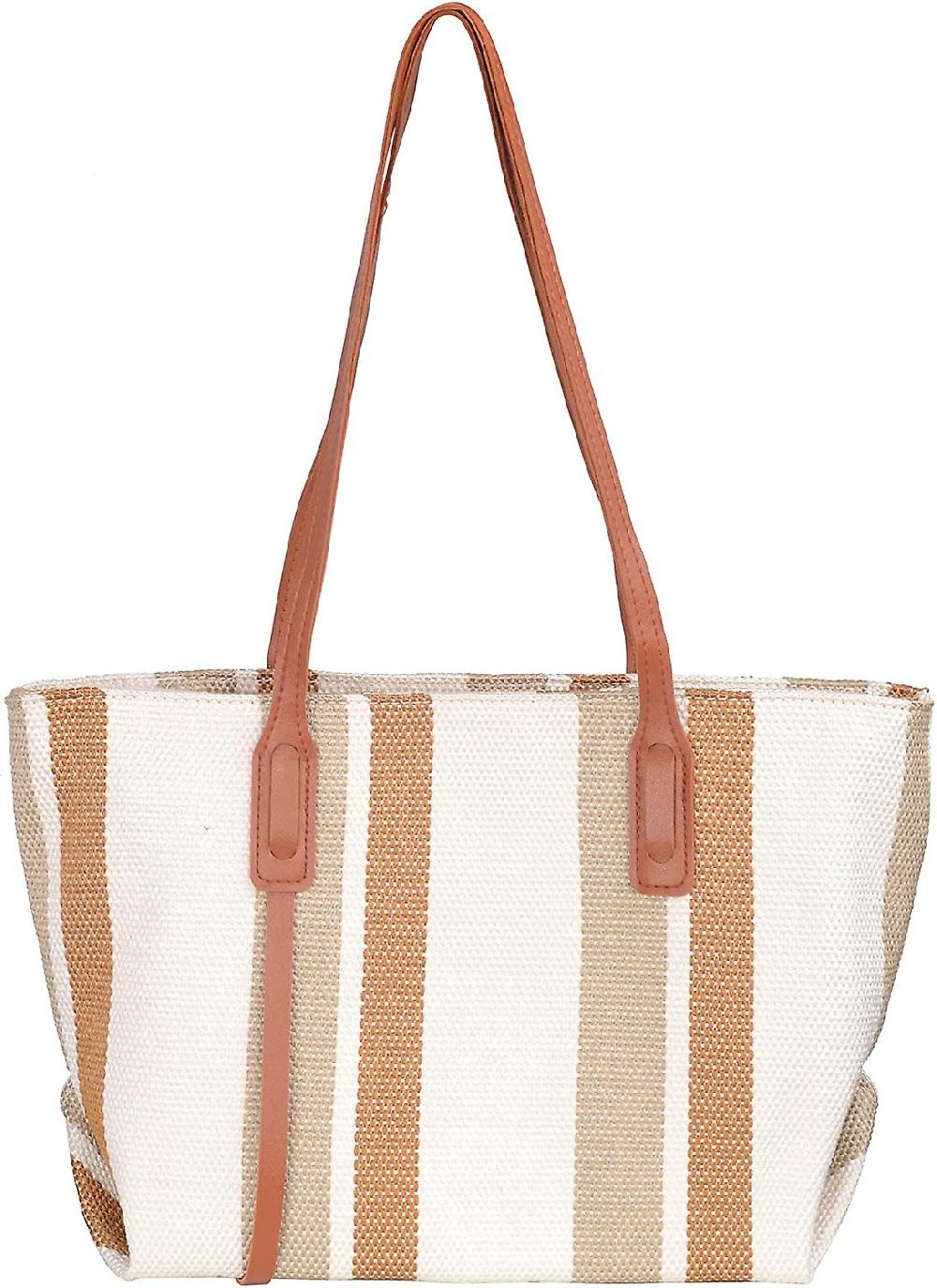 Women Canvas Handbag Simple Stitching Color Design Stripes Beach Shoulder Bag Environmental Protecti Fino Al -60%