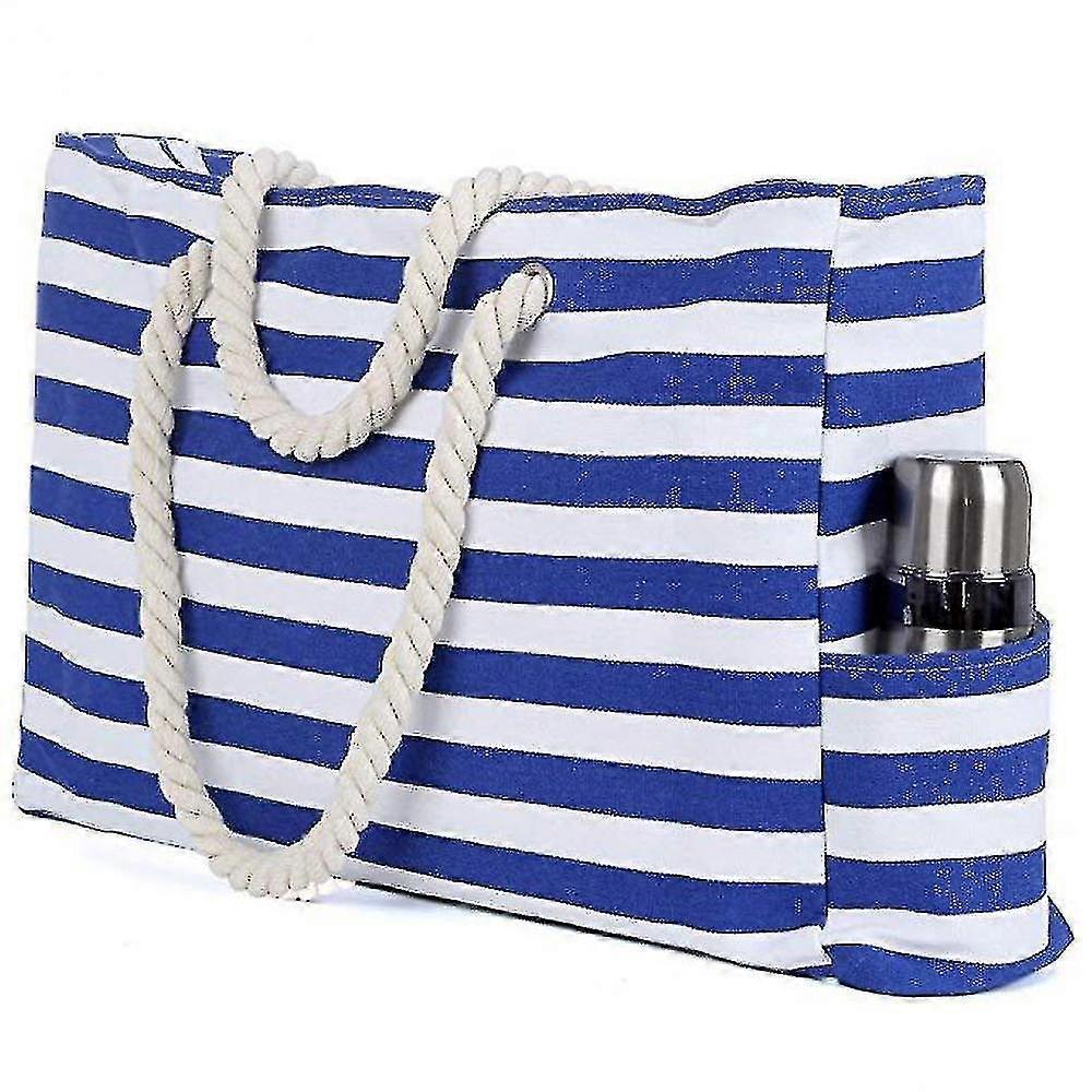 Borsa da spiaggia di grande capacità manico in corda di cotone borsa da spiaggia in tela a strisce blu inclusa tasca interna