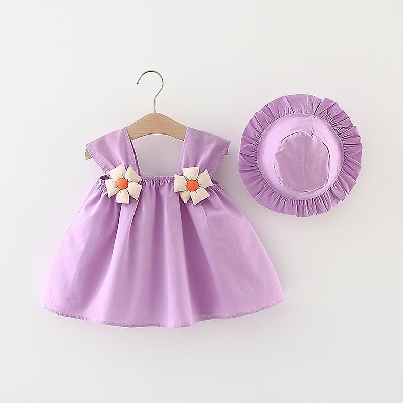 2PCS/set Cotton Toddler Baby Girls Summer Princess Dress Solid Color Sleeveless Sling Dress with Flower Decor + Hat 6M-3T