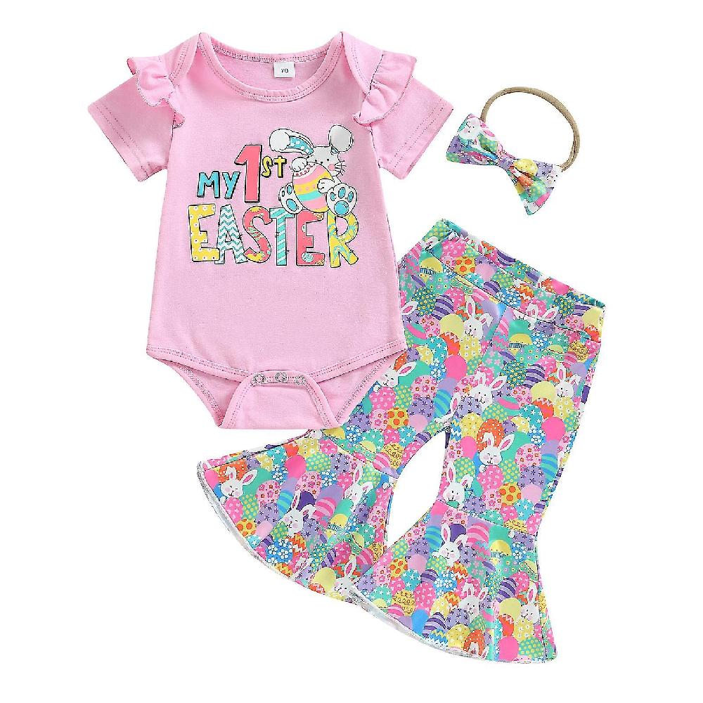 Baby Girls Summer Casual Outfits Cute Bunny Print Romper With Bell-bottom Pants Headband For Easter Birthday Party Daily Wear Flash Sale