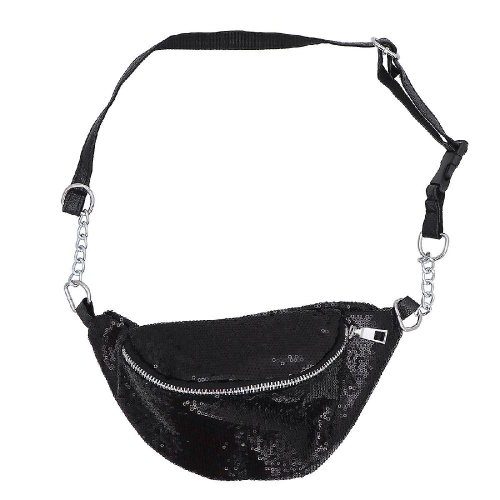 Fashion PU Sequins Fanny Pack Chic Casual Zipper Waist Bag for Traveling Outdoor Sports (Black)