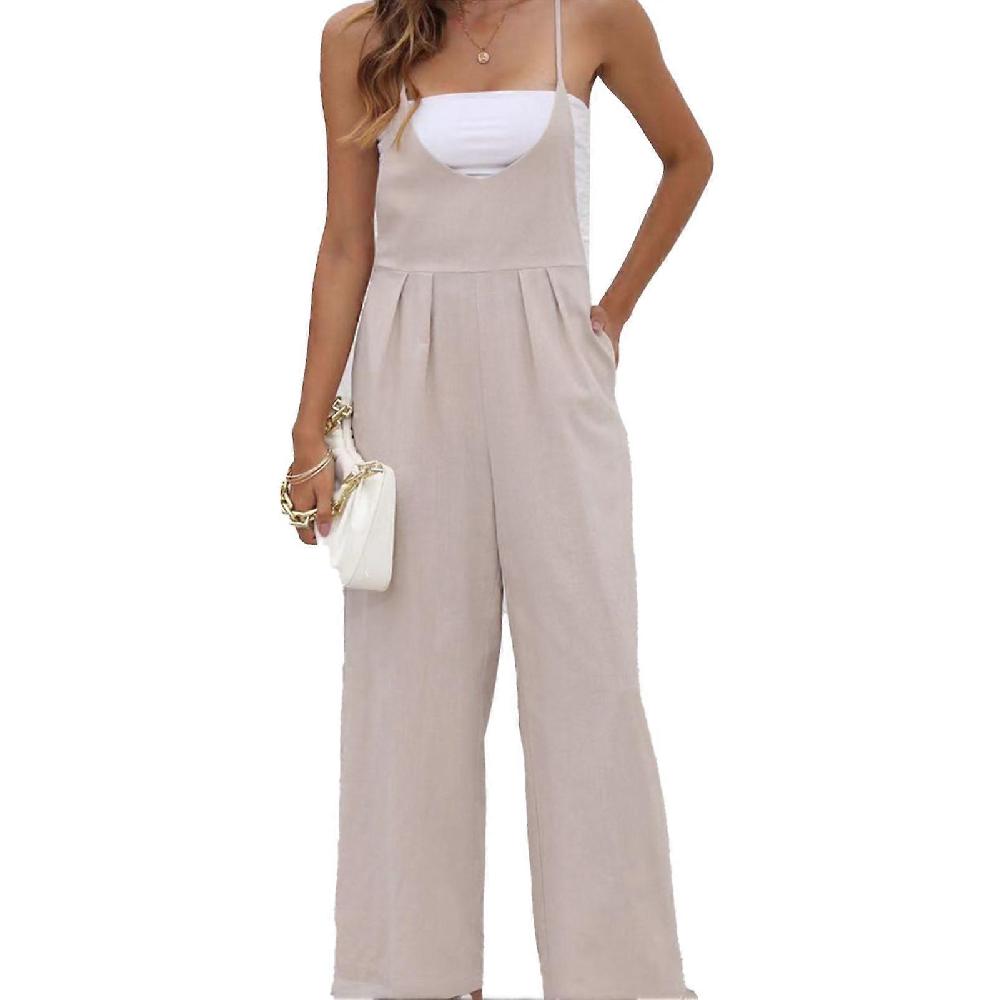 Women Long Overalls Spaghetti Straps Sleeveless Side Pockets One Piece Casual Loose Jumpsuit Khaki Novità