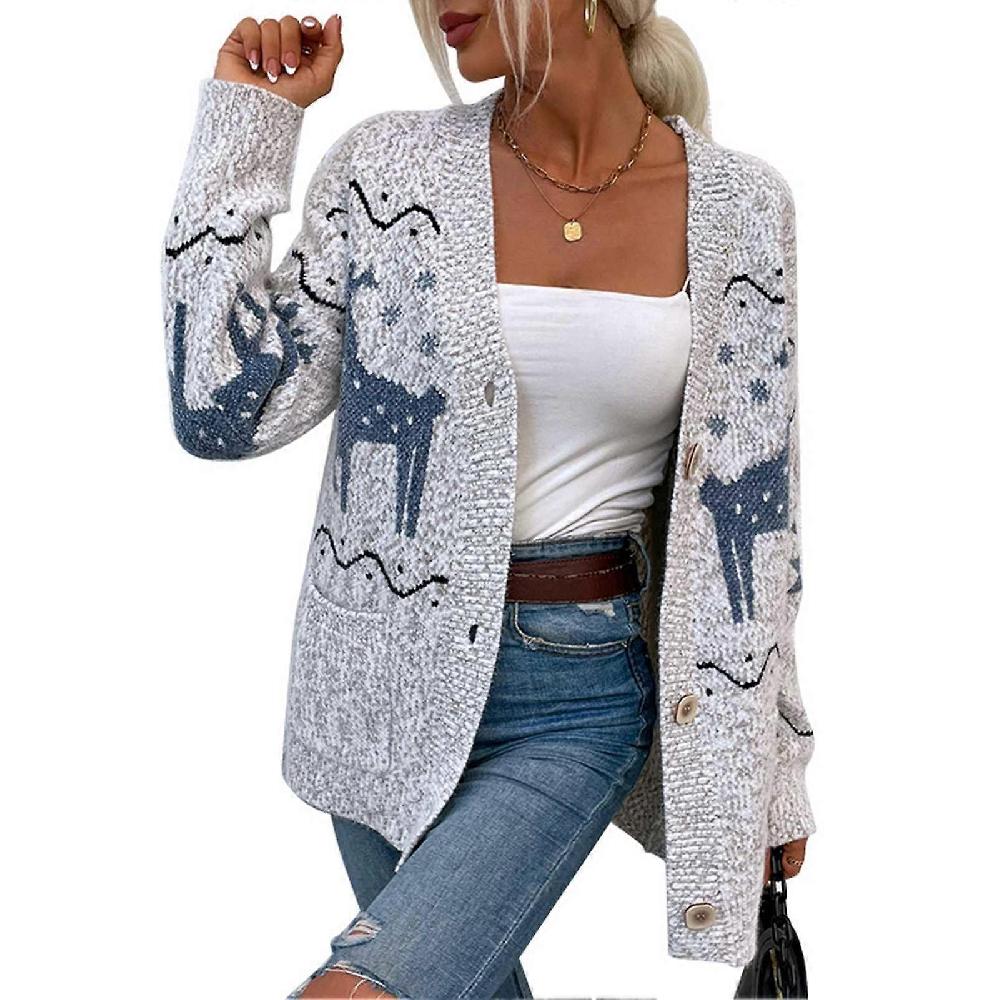 Women Christmas Open Front Sweater Single Breasted Deer Knitted Outwear Sweater for Autumn Winter Light Gray L Spedizione gratuita
