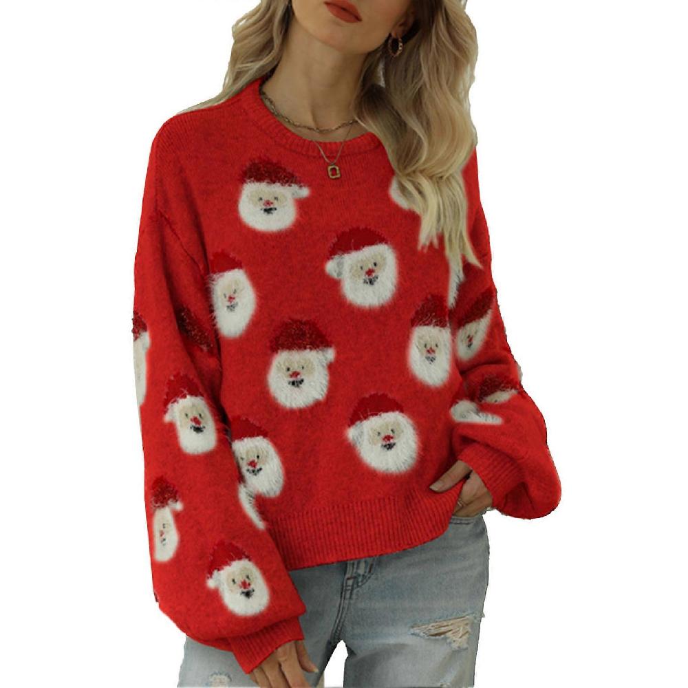 Women Christmas Santa Knitted Sweater Round Neck Long Sleeve Funny Pullover for Autumn Winter Red M Sconto di tempo limitato