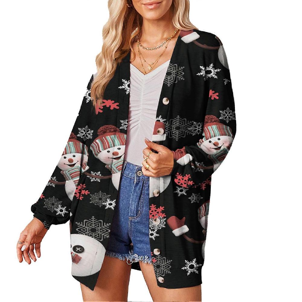 Coat Cardigan Single Breasted Christmas Printed Long Sleeved Fashionable Casual Coat Cardigan for Women Black Snowman XXL Offerta speciale