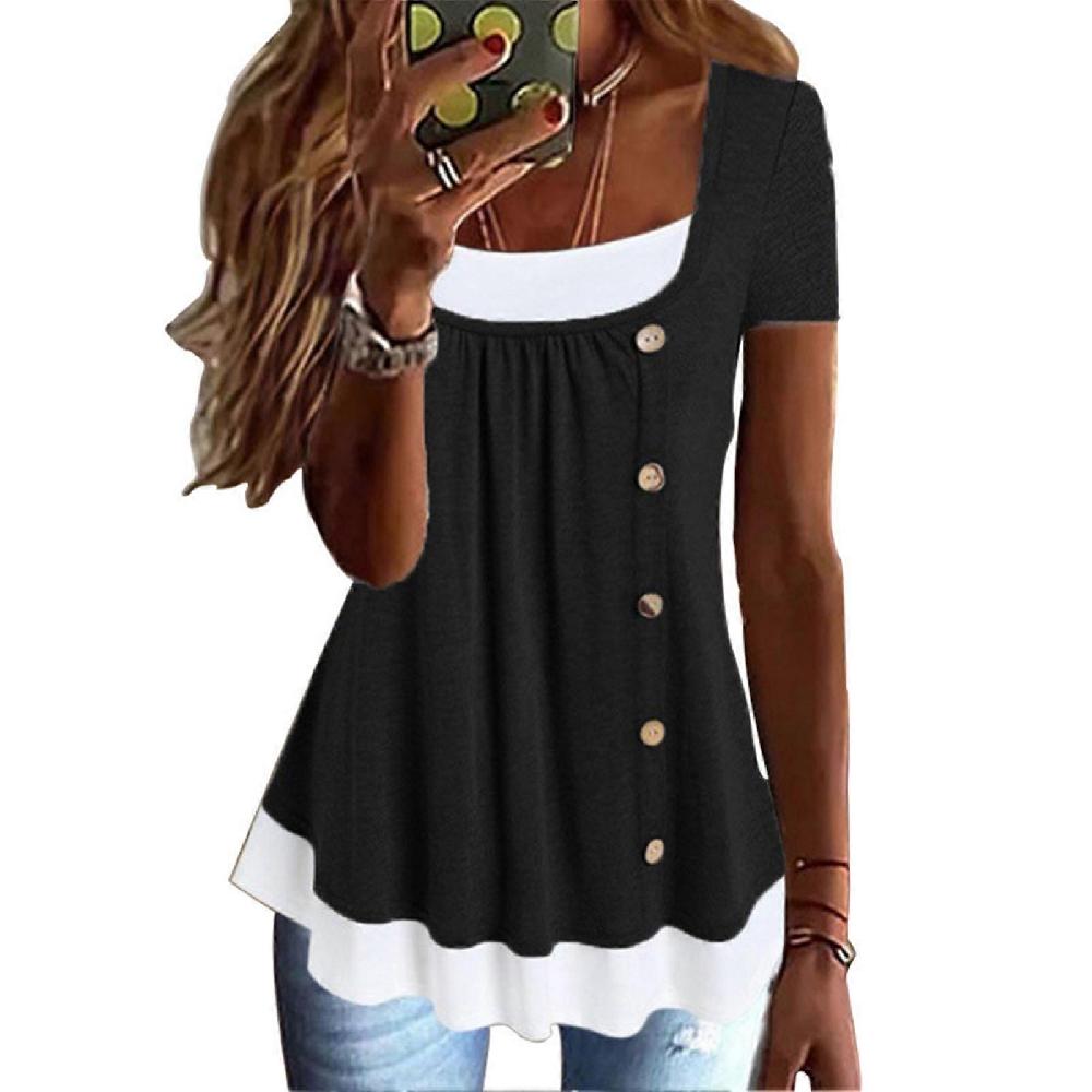 Black M 2 in 1 T Shirt Pleated Front Button Trim Loose Fitting Summer Casual Blouse for Women Grande vendita