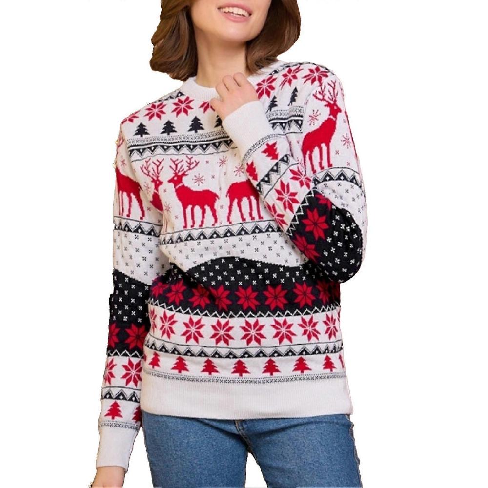 Xmas Snowflake Sweater Long Sleeve Elk Printed Round Neck Warm Knitted Sweater New Year Outdoor Daily White for Women M Offerta esclusiva