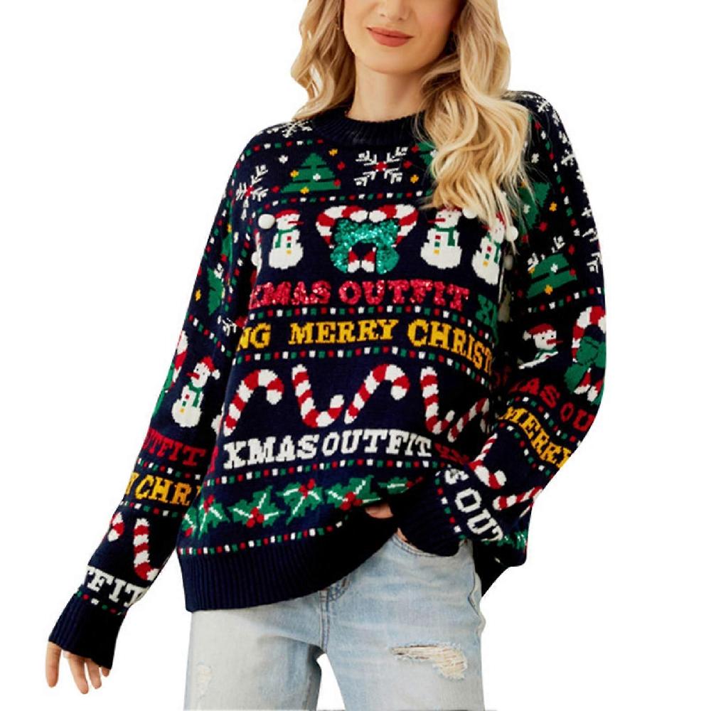 Women Christmas Sweater Knitted Crewneck Long Sleeve Printed Color Blocking Loose Pullover Sweater Purplish Blue M Cyber Monday