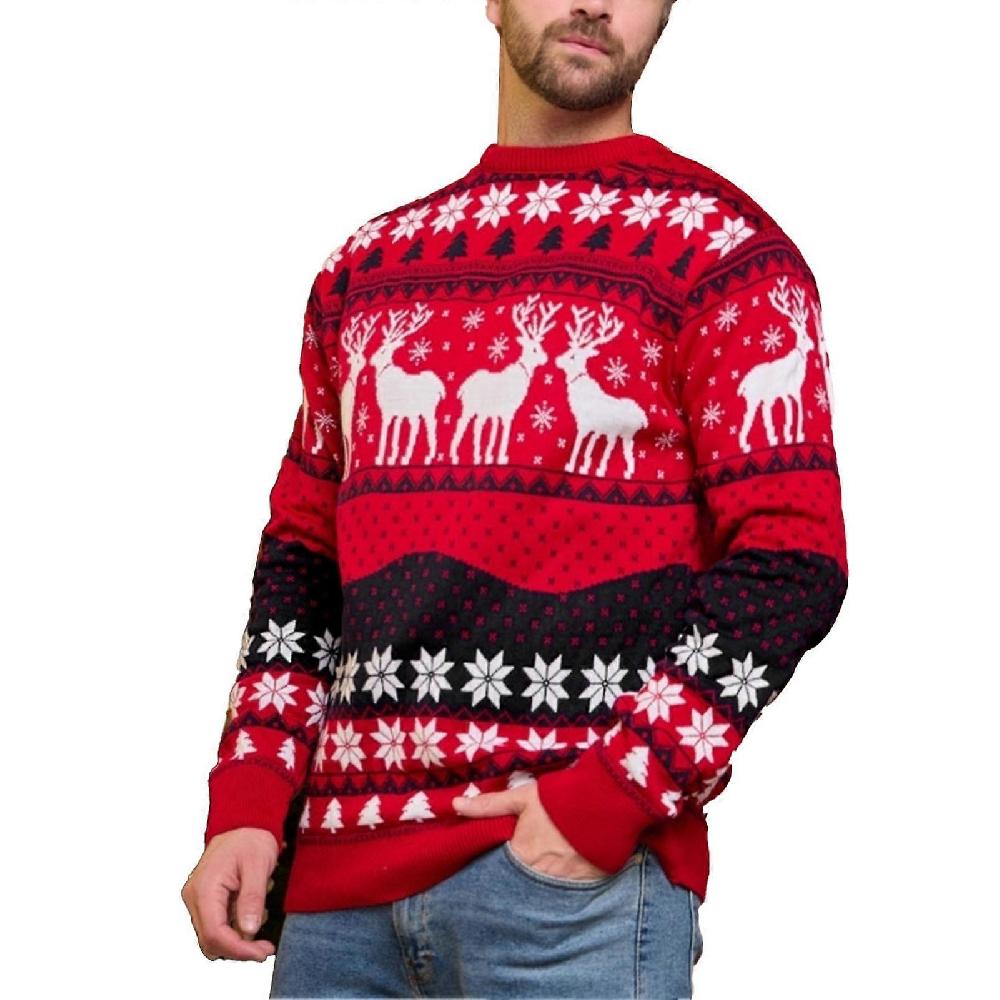 Xmas Snowflake Sweater Long Sleeve Elk Printed Round Neck Warm Knitted Sweater New Year Outdoor Daily Red for Men M Offerta Giorno del Papà