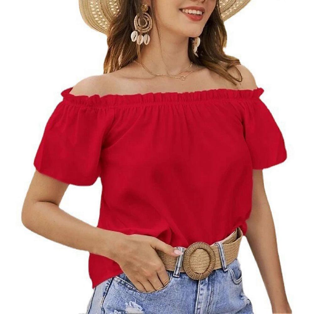 Red S Women Off Shoulder Top Casual Plain Color Short Sleeve Frill Trim Loose Fit Summer Pullover Blouse Latest fashion