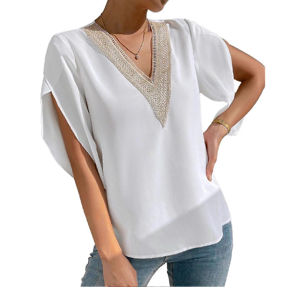 White 2XL Petal Sleeve Blouse Top Guipure Lace V Neck Petal Short Sleeve Blouse for Summer Spring