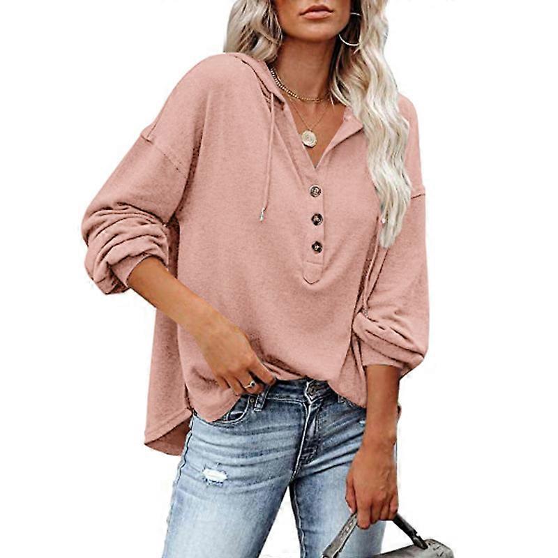 Blouse Long Sleeve V Neck Button Pure Color Casual Fashionable Hooded Tops for Women Pink M Lightning offer