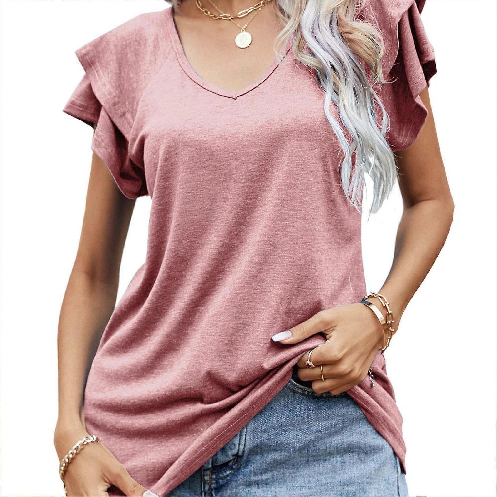 Pink M Women Top V Neck Short Double Layer Ruffle Sleeve Plain Loose Causal Comfortable Summer T Shirt Grandi sconti