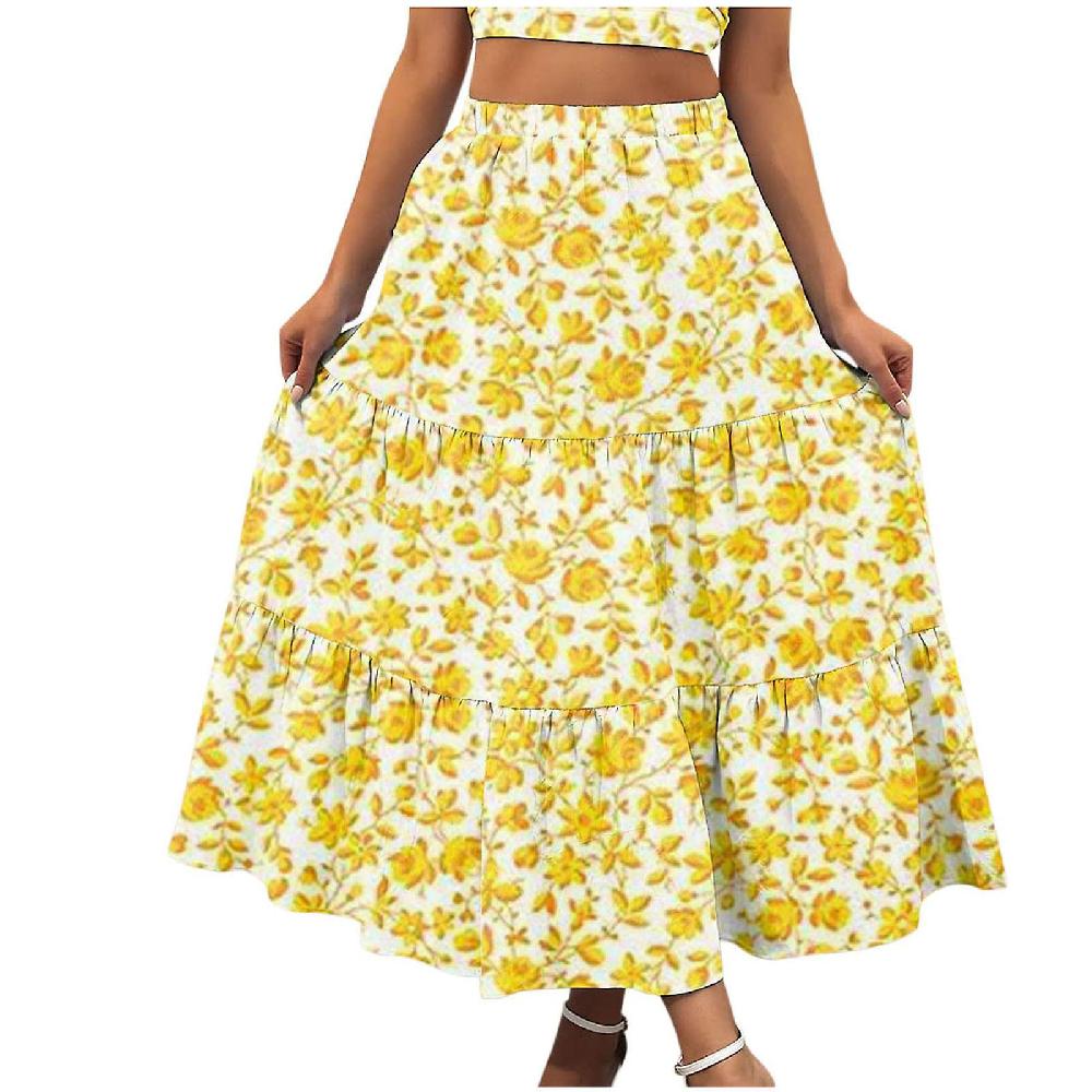 Gonne estive per le donne 2023 Estate Sexy Abito casual da donna Stampa floreale Gonne lunghe da spiaggia Boho Elastico Vita alta Plissettato A-Line Oscillazione fluida Increspatura