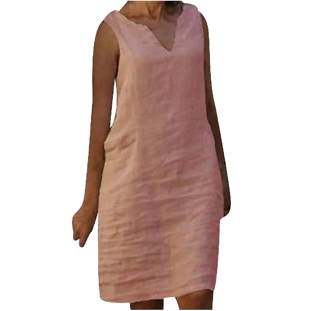 Fashion Women Casual Plus Size V-Neck Soild Color Sleeveless Vest Linen Dress