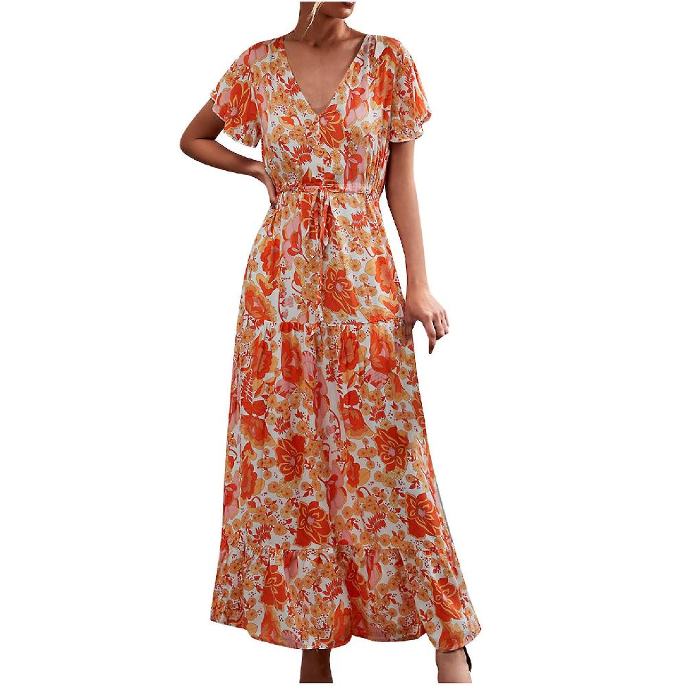 Skirts For Women Plus Size Fashion Women Casual V-Neck Printed Short Sleeve Lace Up Button Dress Skirt Sostegno trimestrale