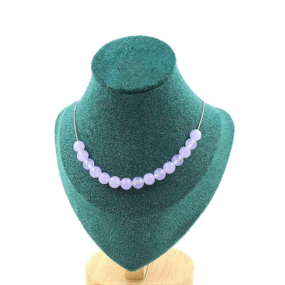 Necklace 15 lavender chalcedony beads 8 mm Stainless steel chain Duty-free