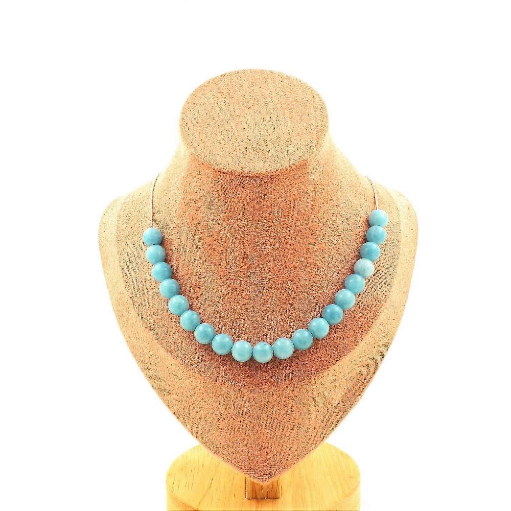 Necklace 20 blue Chalcedony beads 8 mm Stainless steel chain 2025
