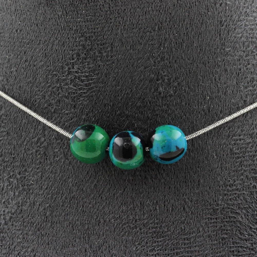 Necklace with 3 Tinted Chrysocolla beads 8 mm Stainless steel chain Italy