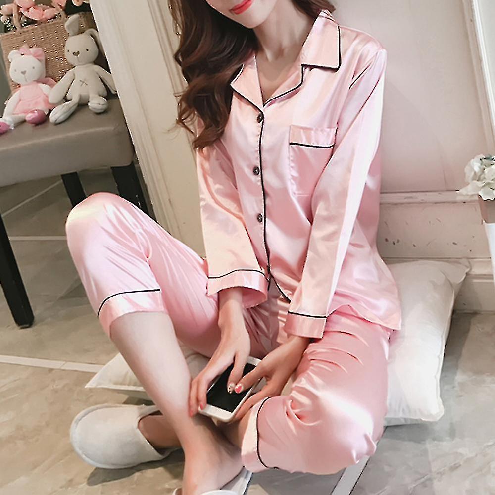 Donna Raso Seta Look Sleepwear Pigiama Manica Lunga Nightwear Set Rosa Soddisfazione Garantita