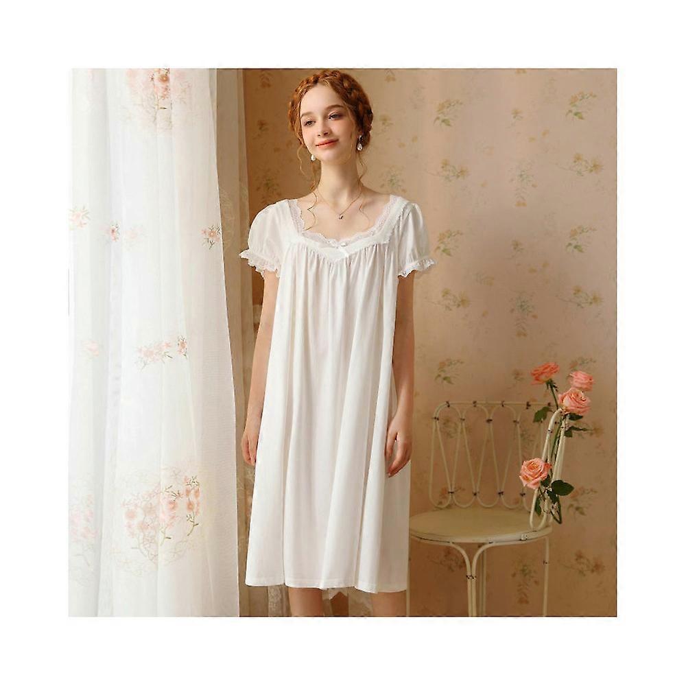 Women's Vintage Victorian Sleepwear Short Sleeve Sleep Dress-White Saldi Di Fabbrica