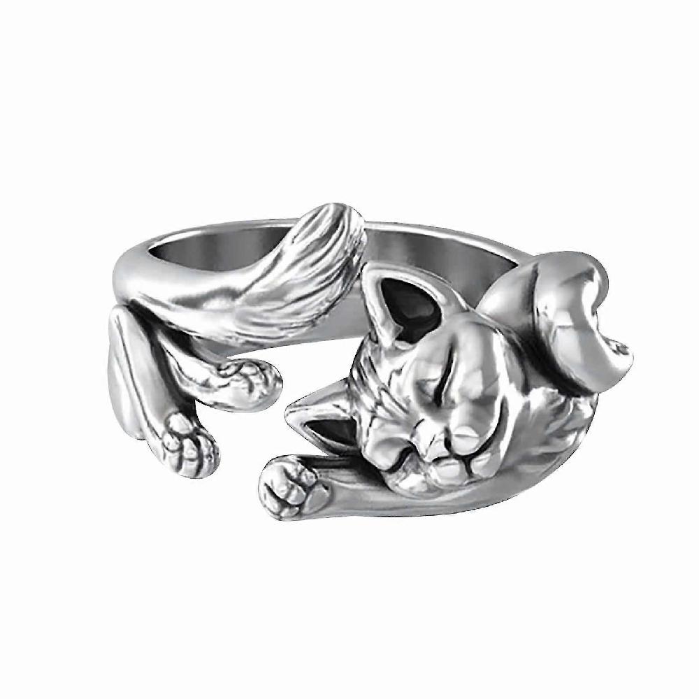 Exquisite Copper Plated Silver Cat Ring Fashion Ladies Jewelry Ring Size 5-11 Only for today