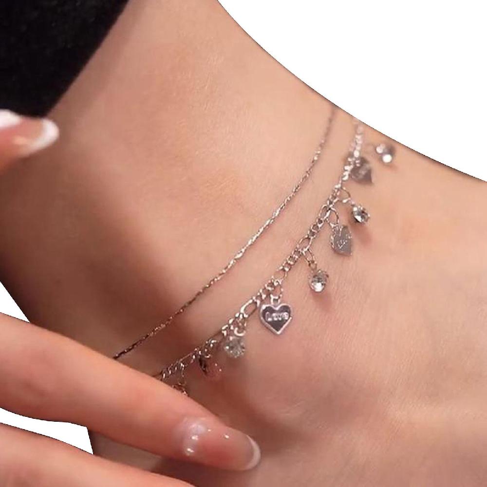 Doppio strato di strass cuore cavigliera oro/argento colore regolabile cuore cavigliera Outlet
