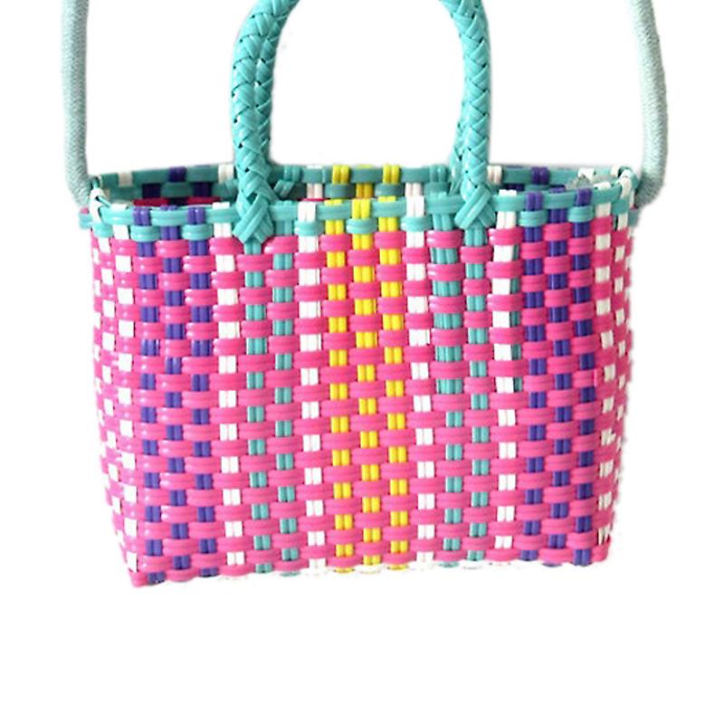 Colorful Woven Bag Small Square Plastic Strip Handle Fashionable for Summer Beach Green and Rose Red