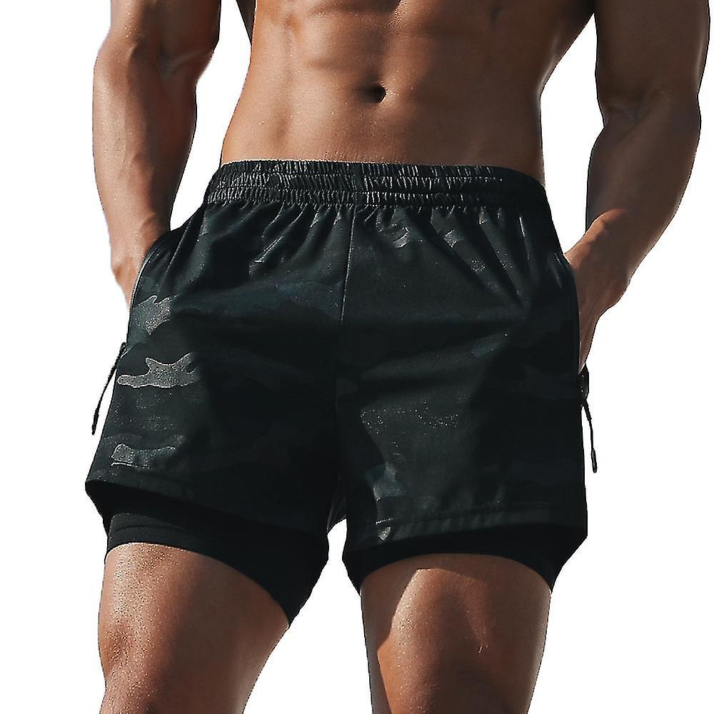 Dark Gray Large Men's 2-in-1 Running Shorts With Pockets - Liner Gym Training Fitness Workout Short Pants Hotsell