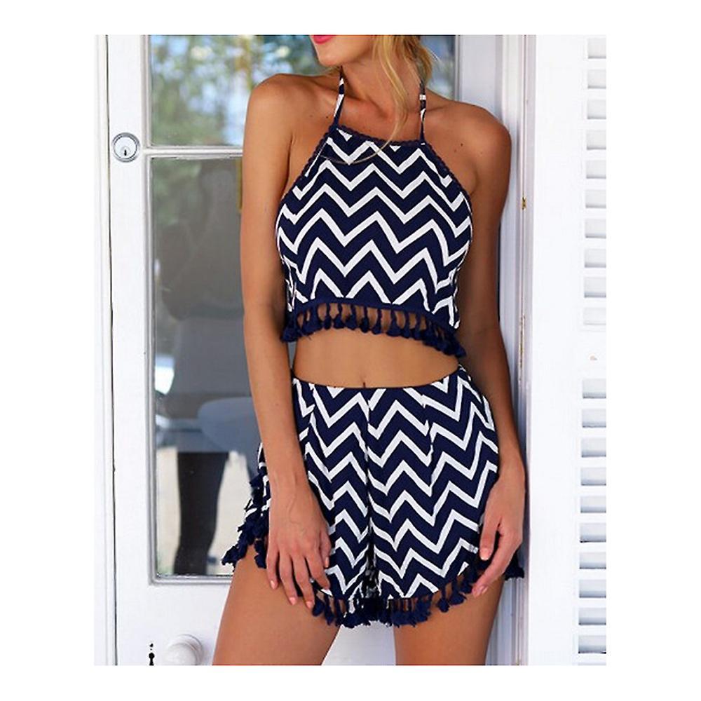 Sexy Bare Midriff Tassel Striation Vest Short Trousers Suit Beach Hot Pants 2pcs Moda