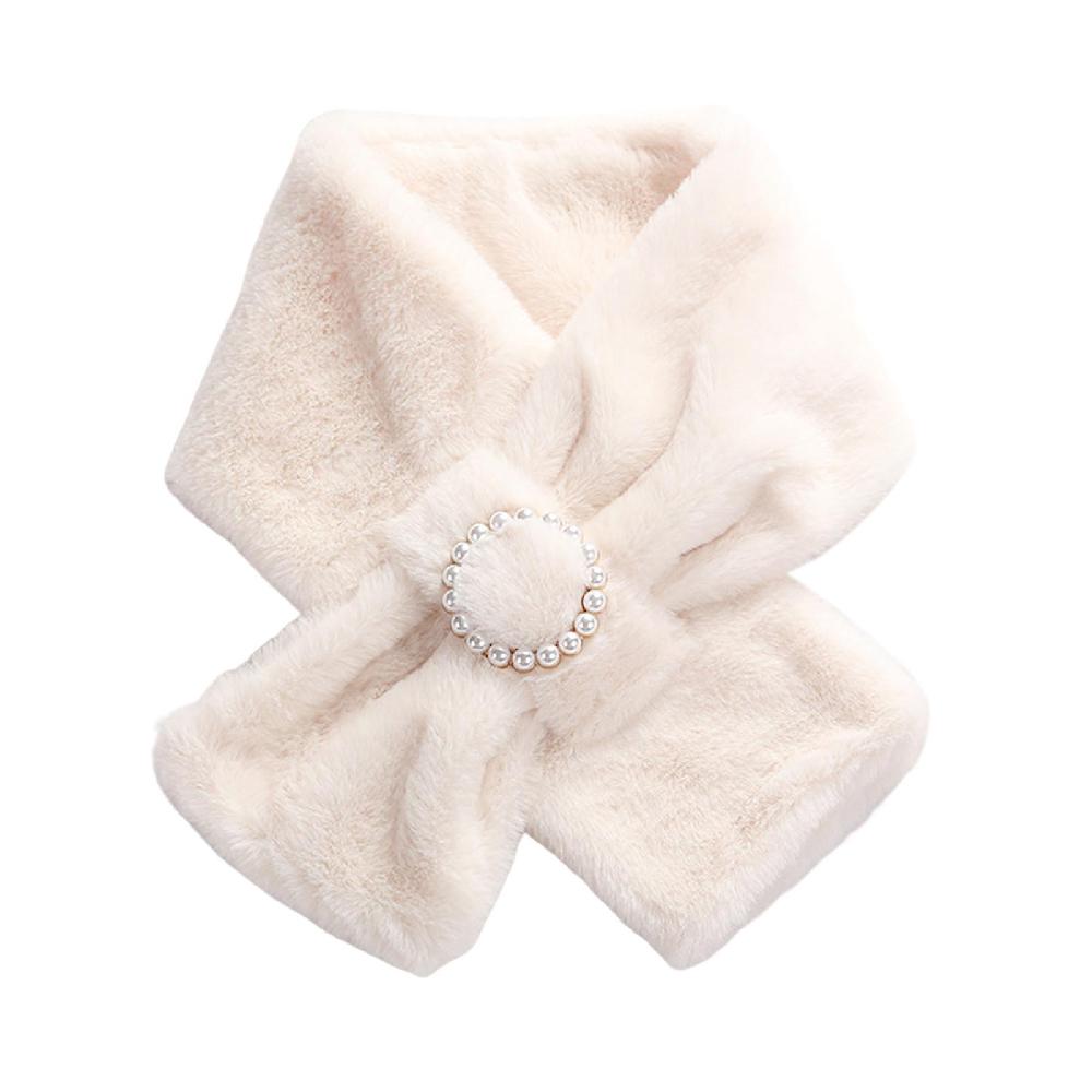 Women Scarf Cross Double Sided Faux Pearls Button Furry Imitation Rabbit Fur Thicken Neck Protection Thermal Scarf for Outdoor