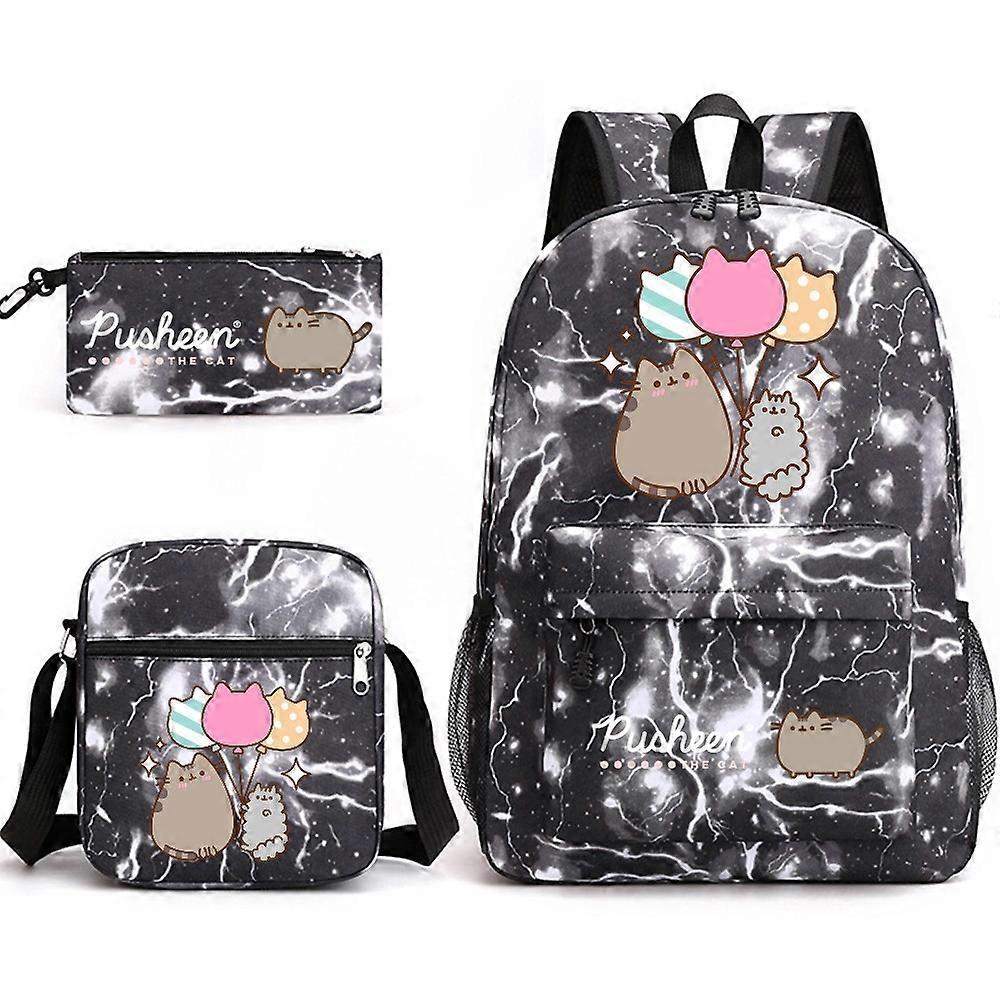 Pusheen Fat Cat zaino da scuola in tre pezzi zaino per studenti casuali maschio e femmina stampato zaino da esterno di grande capacità Lightning Black ~ 2 I Più Venduti