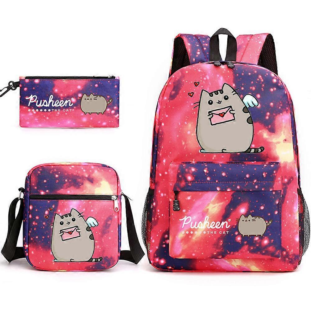 Pusheen Fat Cat zaino da scuola in tre pezzi Zaino per studenti casuali maschili e femminili Zaino da esterno stampato di grande capacità Cielo stellato rosso ~ 1 Nuova