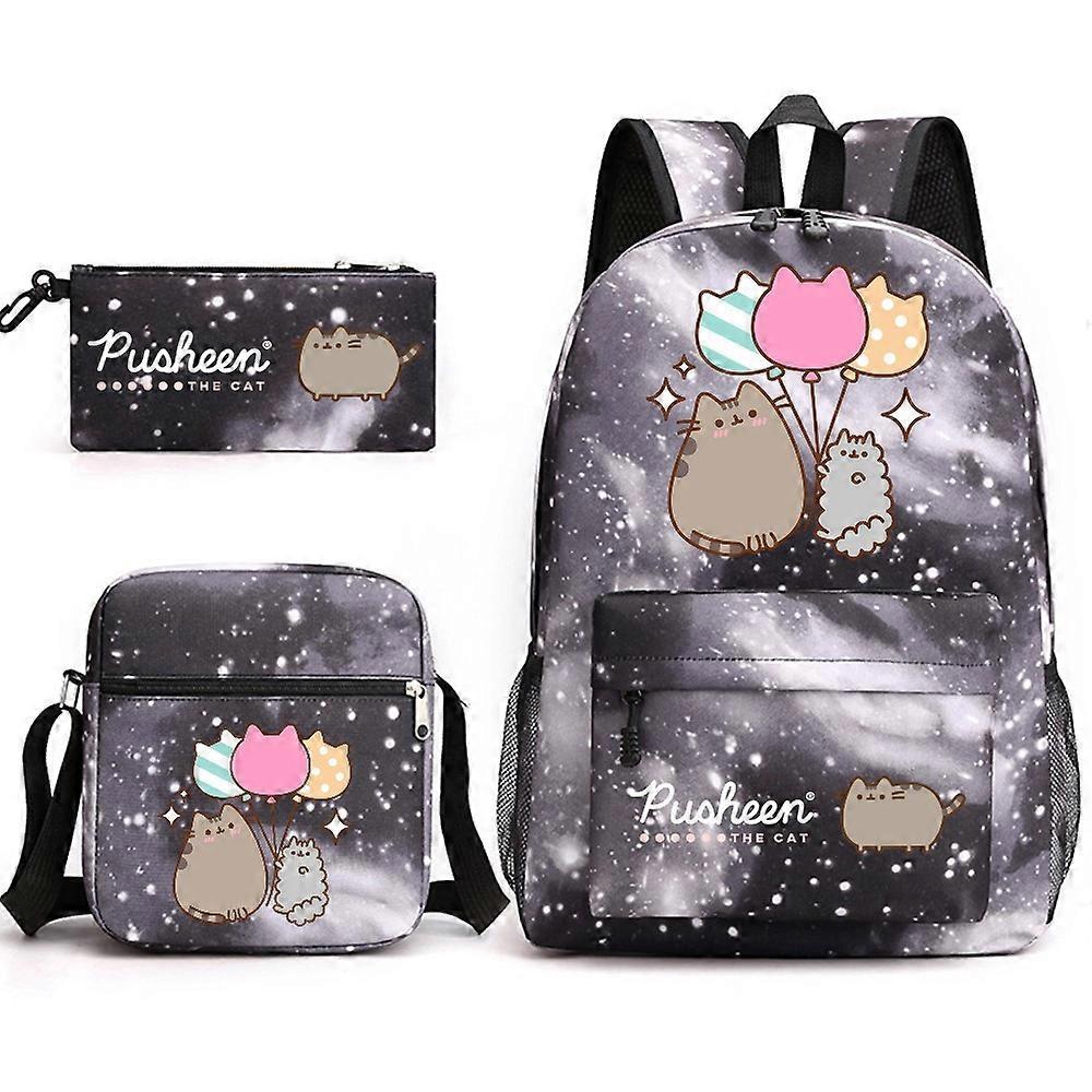Pusheen Fat Cat zaino da scuola in tre pezzi Zaino per studenti casuali maschio e femmina Zaino da esterno stampato di grande capacità cielo stellato nero ~ 2 Offerta speciale
