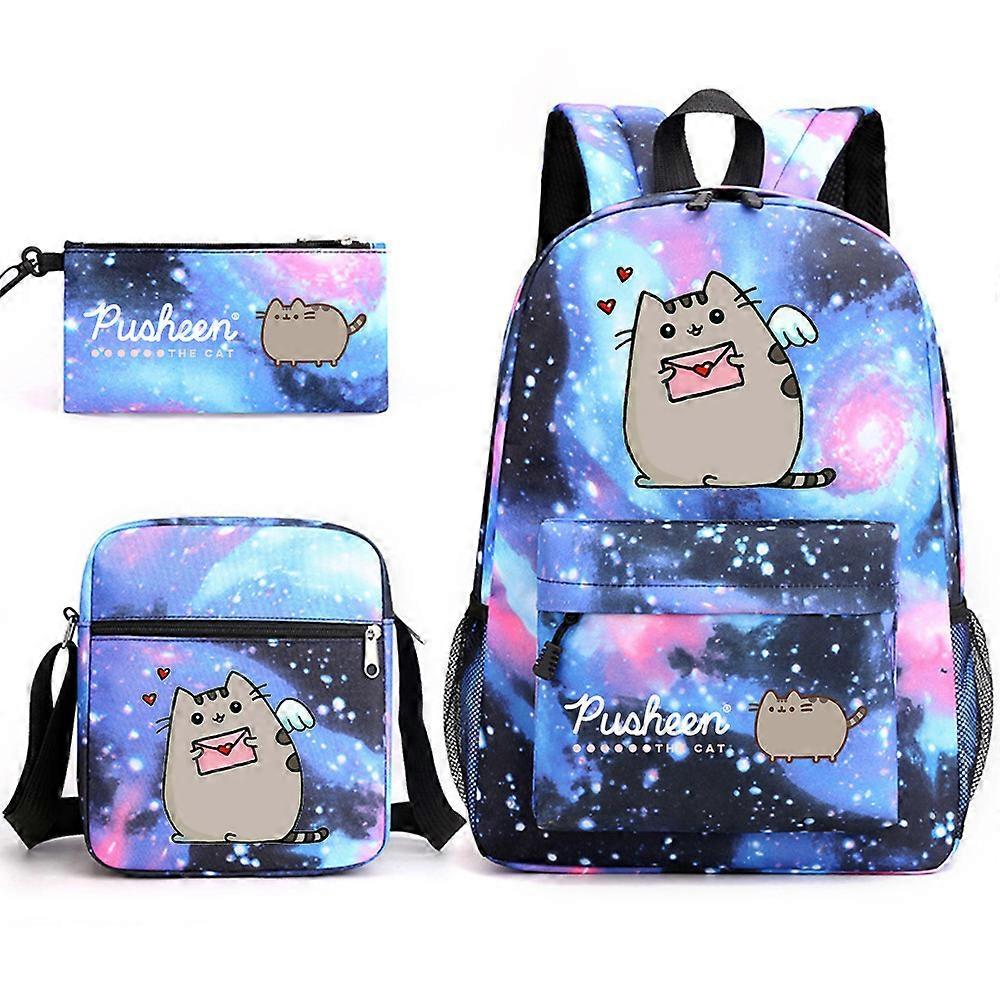 Pusheen Fat Cat zaino da scuola in tre pezzi Zaino per studenti maschio e femmina casuale Zaino da esterno stampato di grande capacità blu stellato ~ 1 Offerta Giorno del Papà