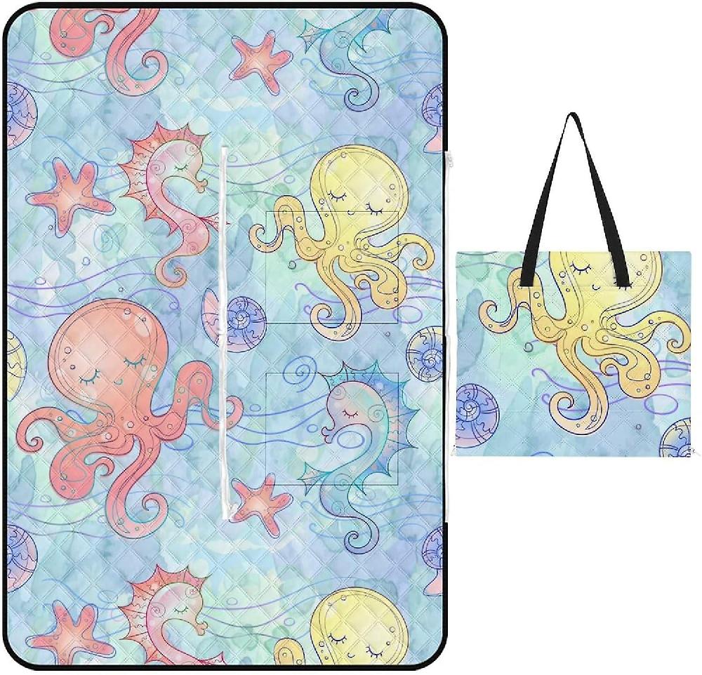 EDGFEWWOI11Seahorse Watercolor Picnic Blanket Outdoor Camping Mat Foldable Portable Tote Bag 3-Layer Waterproof Backing for Outdoors Concerts Beach P Sconti VIP