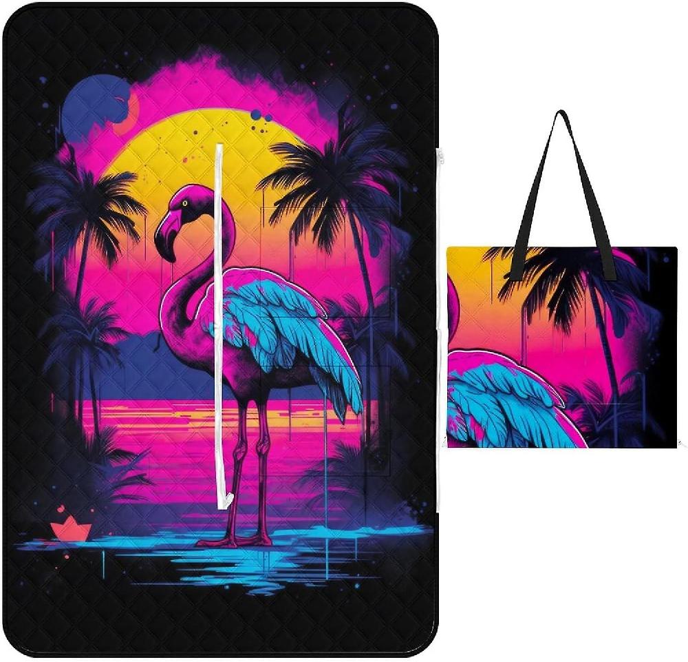 EDGFEWWOI522Pink-Flamingos Picnic Blanket Outdoor Camping Mat Foldable Portable Tote Bag 3-Layer Waterproof Backing for Outdoors Concerts Beach Park Latest stili