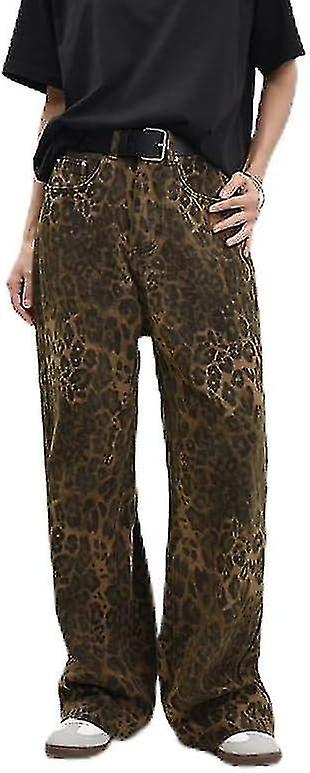 Tan Leopard Jeans DonnaUomini Denim Pantaloni Donna Oversize Pantaloni A Gamba Larga Street Wear Hip Hop Vintage Cotone Sciolto Casual Qualità Garantita