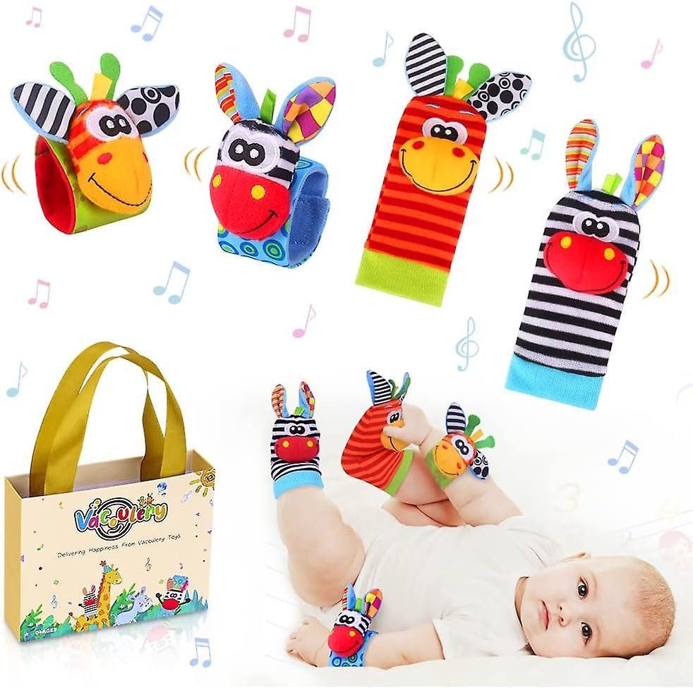 Calzino a sonaglio per bambini e braccialetto giocattolo a sonagli con polso e cercatore di piedi Giocattolo animale neonato morbido e coccolone (2 braccialetti e 2 calzini) Economico