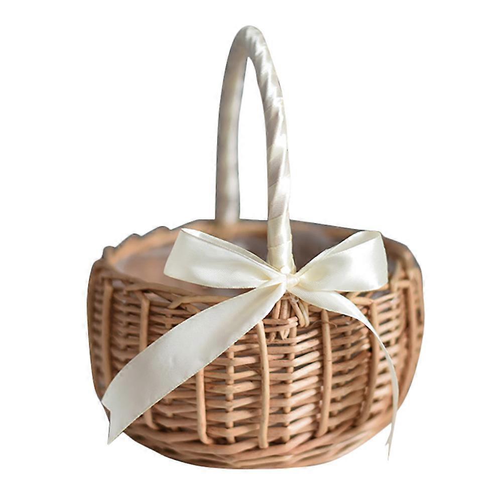 Wicker Woven with Handle and White Ribbon Wedding Flower Girl Baskets Garden Decoration(L) Rilascio limitato