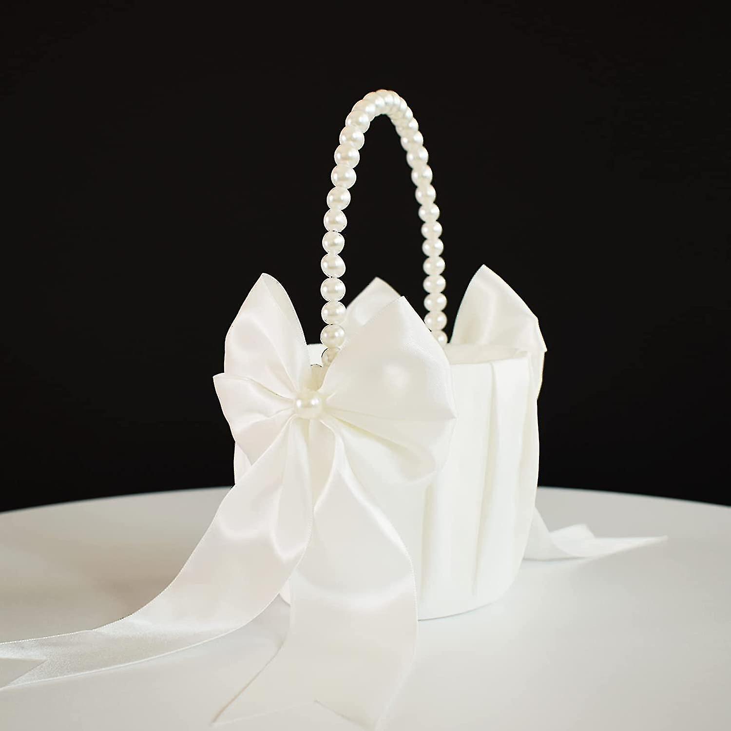 Flower Girl Basket With Pearl Handle Ivory Fariy Wedding Baskets For Flower Girls Ultimo giorno