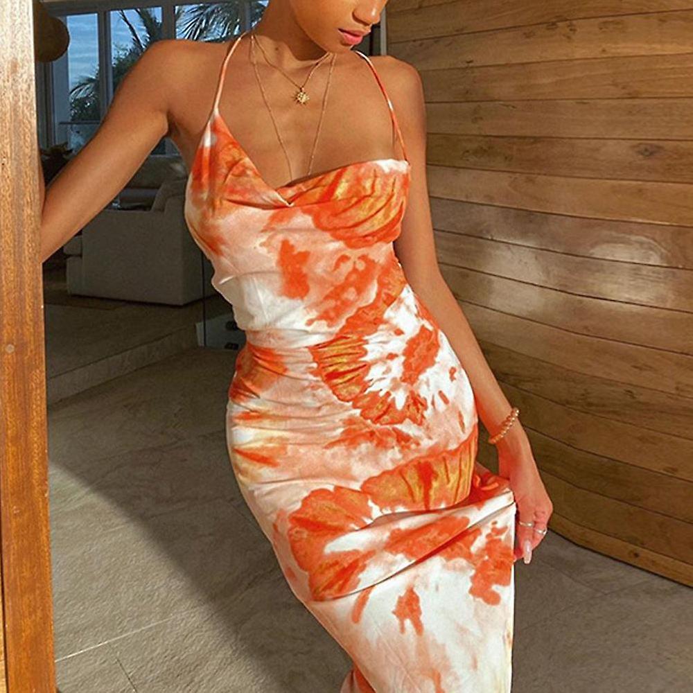 Women Dresses Summer Ladies Fashion Print Color Halter Round Neck Long Dress Smaltimento dello stoccaggio