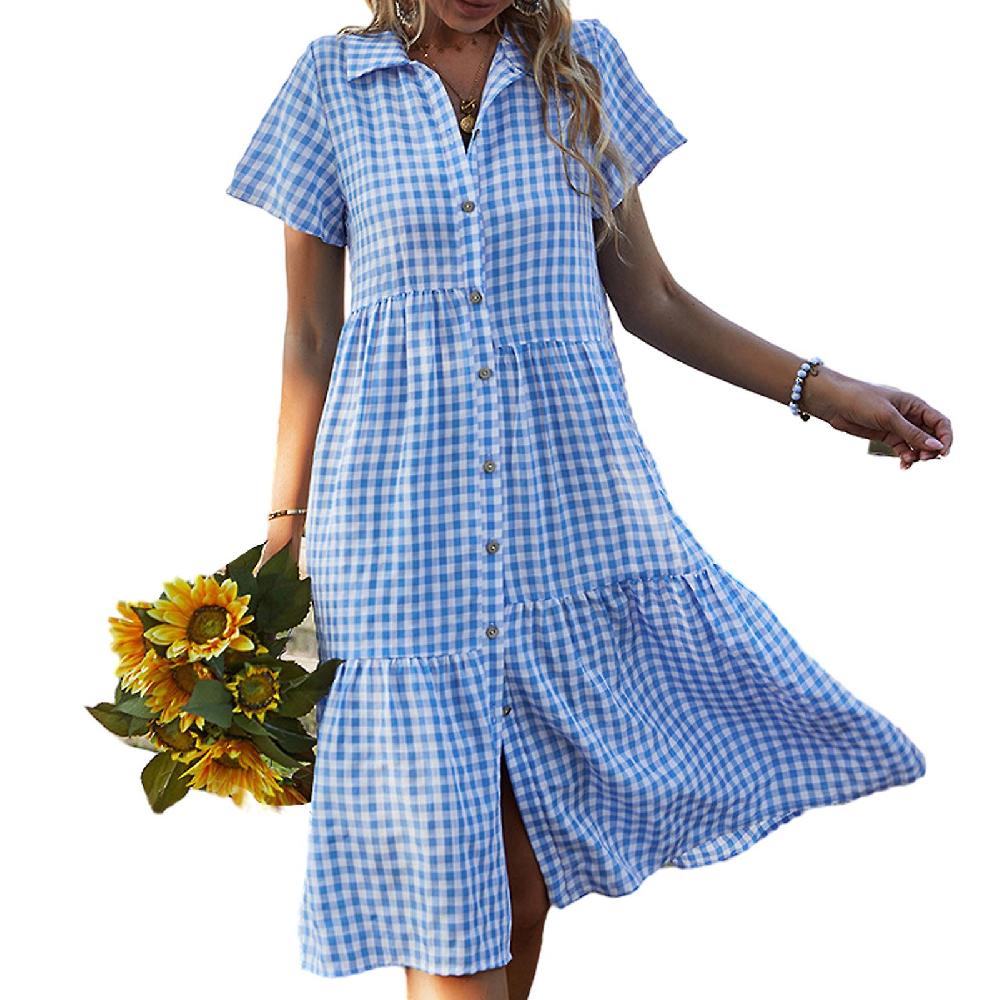 Summer Dress For Women Plaid Shirt Short Sleeve Medium-length For Casual Latest fashion